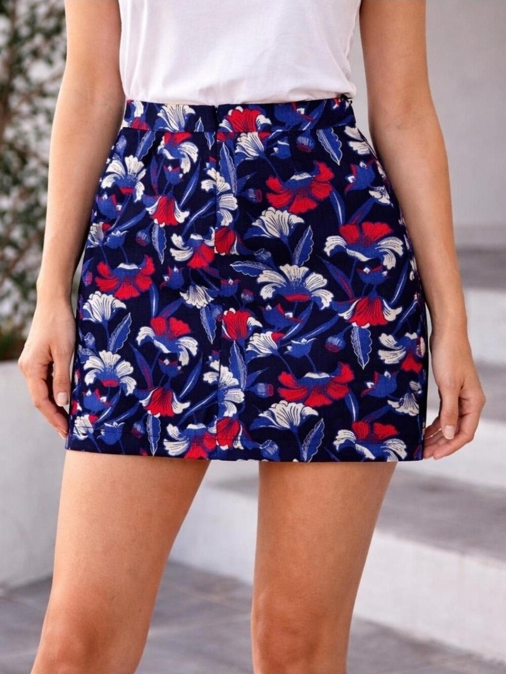 J. CREW Factory Navy Floral Mini Skirt Red White Blue Basket Weave | SZ 8